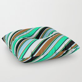 [ Thumbnail: Vibrant Green, Black, Sky Blue, Light Cyan & Brown Colored Lined/Striped Pattern Floor Pillow ]