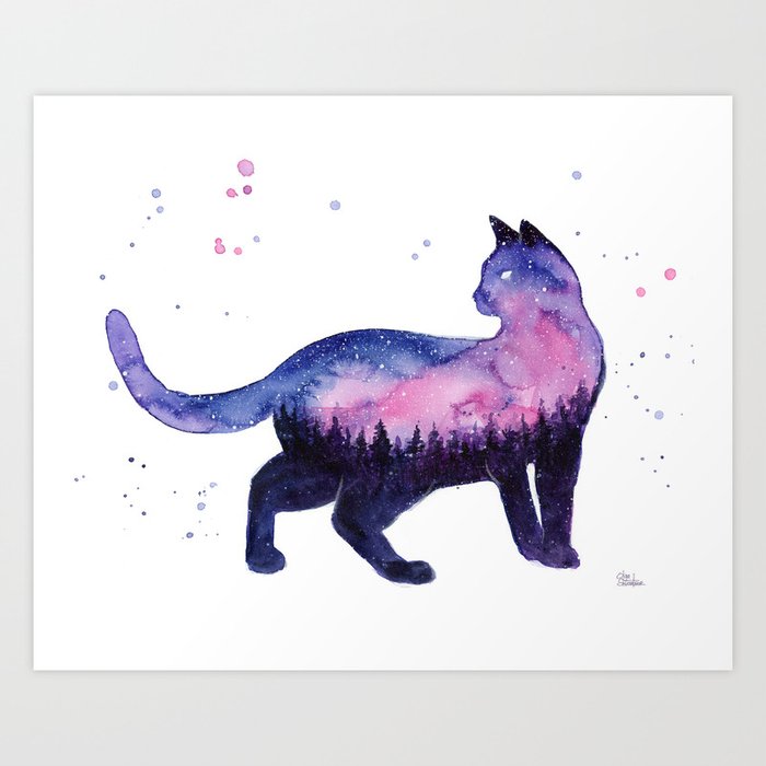 Galaxy Forest Cat Art Print