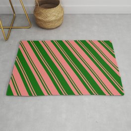 [ Thumbnail: Light Coral and Dark Green Colored Lines Pattern Rug ]