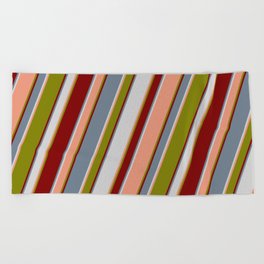[ Thumbnail: Colorful Slate Gray, Light Gray, Dark Salmon, Green, and Maroon Colored Lined Pattern Beach Towel ]