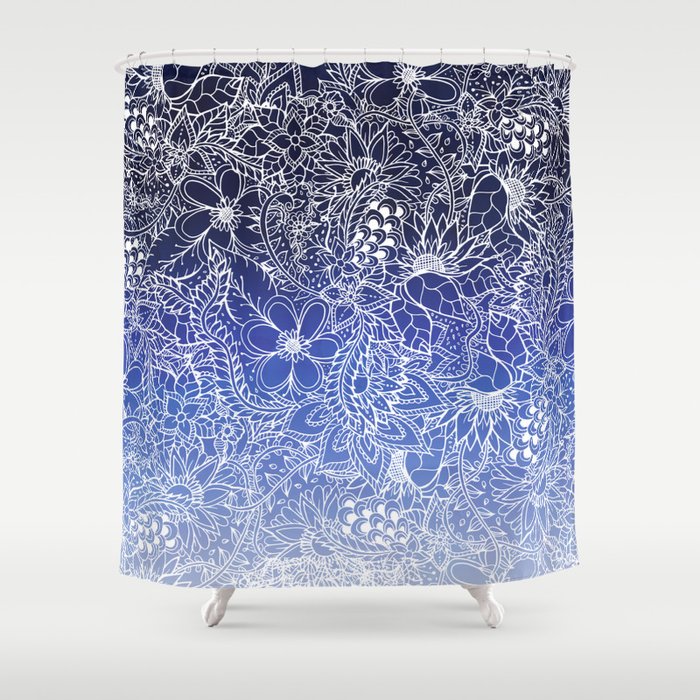 Navy Blue Watercolor Ombre Gradient Fade White Hand Drawn Flowers