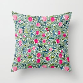 Popping Peonies - Green Throw Pillow
