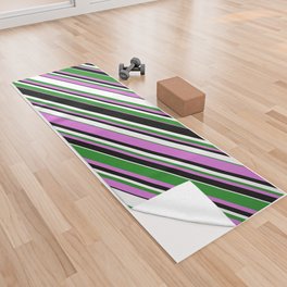 [ Thumbnail: Forest Green, Orchid, Black & White Colored Striped/Lined Pattern Yoga Towel ]