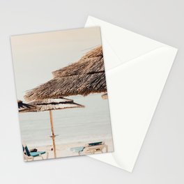 Straw Beach Umbrellas - beach print - ocean sea - travel photography by Ingrid Beddoes Stationery Card