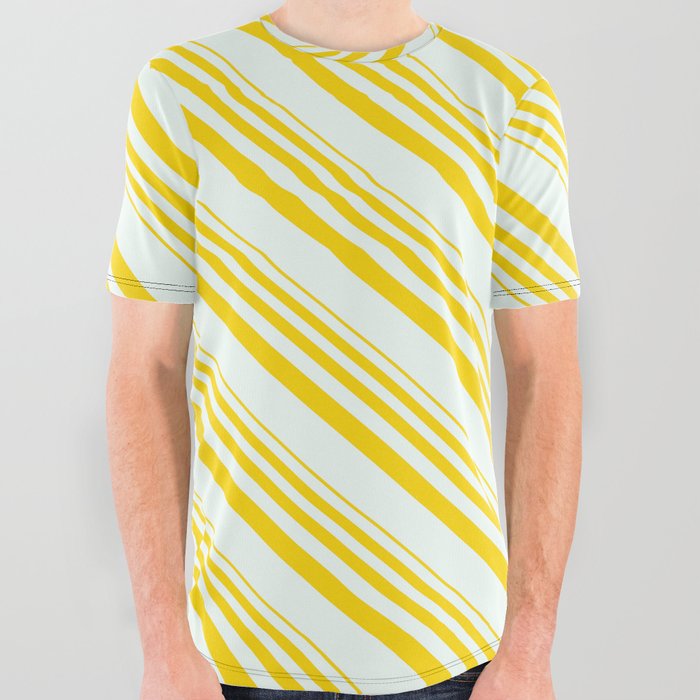 Yellow and Mint Cream Colored Striped/Lined Pattern All Over Graphic Tee
