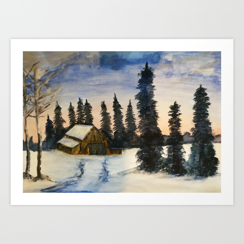 In The Midst Of Winter Bob Ross Reproduction Watercolour Painting Art Print By Serendipity11 Society6