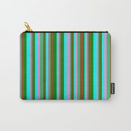 [ Thumbnail: Eye-catching Brown, Green, Cyan, Plum, and Sea Green Colored Stripes Pattern Carry-All Pouch ]