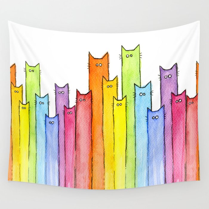 Cat Rainbow Watercolor Pattern Wall Tapestry