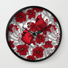 Cardinals in winter branches and Christmas decoration Wall Clock
