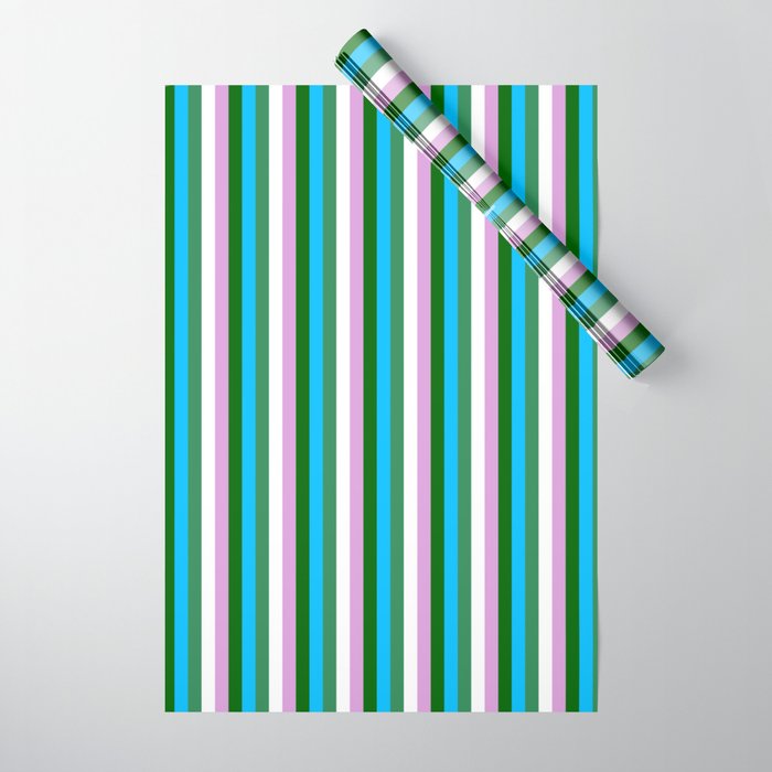 Vibrant Sea Green, White, Plum, Dark Green, and Deep Sky Blue Colored Pattern of Stripes Wrapping Paper