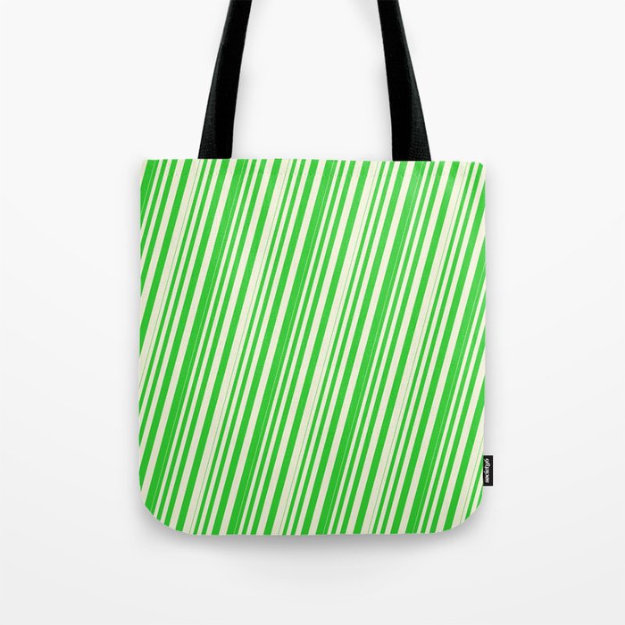 Beige & Lime Green Colored Lined Pattern Tote Bag