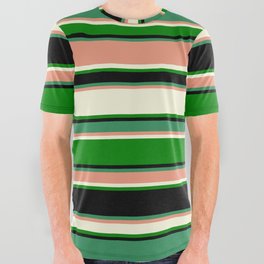 [ Thumbnail: Eye-catching Sea Green, Dark Salmon, Beige, Green, and Black Colored Lined Pattern All Over Graphic Tee ]