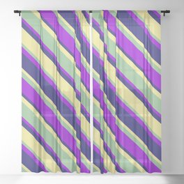 [ Thumbnail: Dark Sea Green, Dark Violet, Midnight Blue, and Tan Colored Lines Pattern Sheer Curtain ]