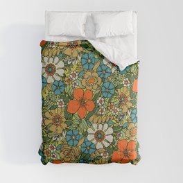 70s Plate Comforter | Vintage, Orange, Romantic, Psychedelic, Retro, Original, Turquoise, Floral, Green, Tropical 