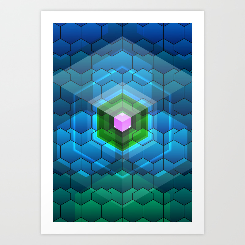 Contemporary Abstract Honeycomb Blue And Green Graphic Grid With