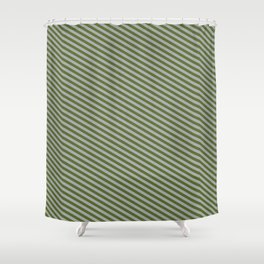 [ Thumbnail: Dark Gray and Dark Olive Green Colored Lined/Striped Pattern Shower Curtain ]