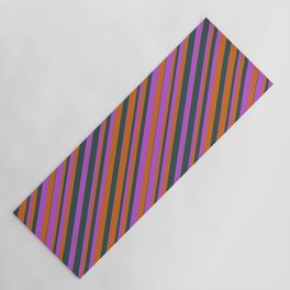 [ Thumbnail: Chocolate, Dark Slate Gray, and Orchid Colored Striped Pattern Yoga Mat ]