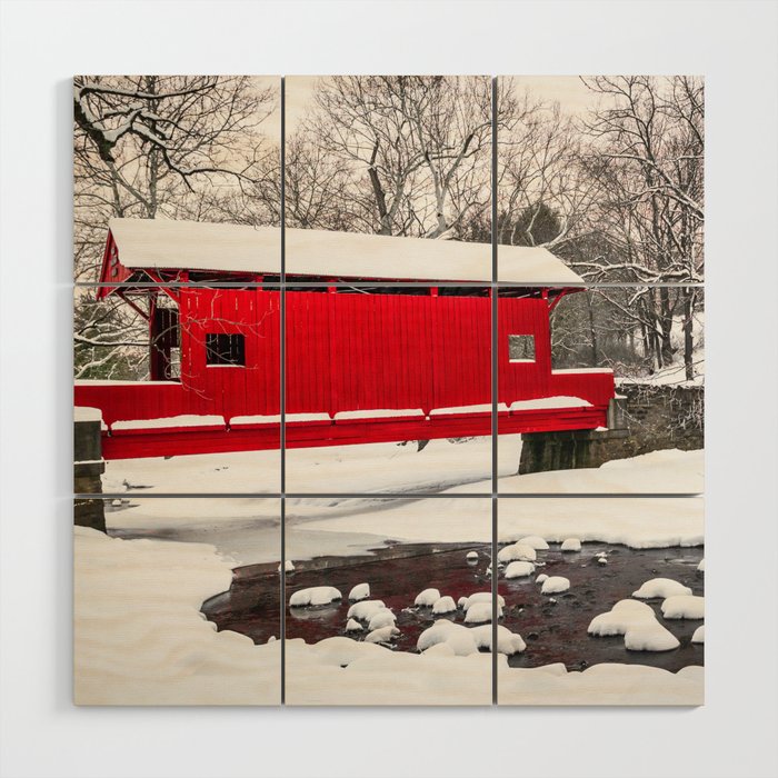 Red Covered Bridge In Winter Wood Wall Art