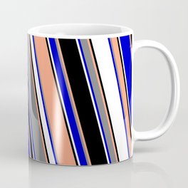 [ Thumbnail: Vibrant Light Salmon, Gray, Blue, White & Black Colored Lined/Striped Pattern Coffee Mug ]