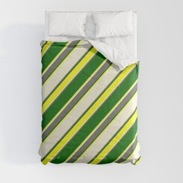 [ Thumbnail: Beige, Dim Gray, Dark Green & Yellow Colored Lined Pattern Comforter ]