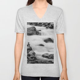 River and Waterfall time-lapse black and white art photography - photographs V Neck T Shirt