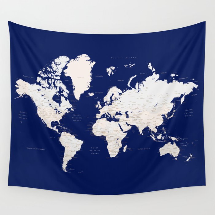 Navy blue and light brown detailed world map "Gavin" Wall Tapestry