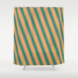 [ Thumbnail: Brown & Teal Colored Stripes Pattern Shower Curtain ]