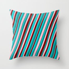 [ Thumbnail: Dark Turquoise, Dark Cyan, Pink & Maroon Colored Pattern of Stripes Throw Pillow ]
