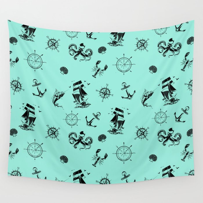 Mint Blue And Black Silhouettes Of Vintage Nautical Pattern Wall Tapestry
