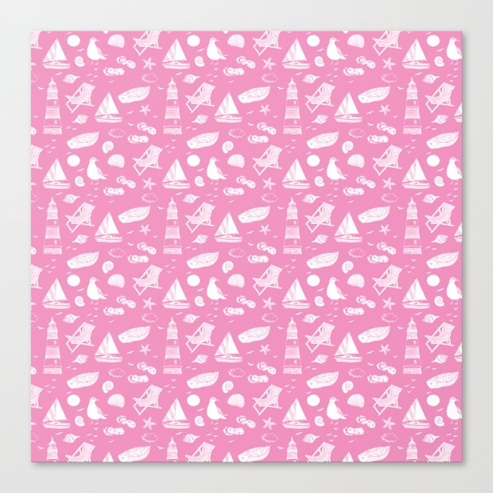 Pink And White Summer Beach Elements Pattern Canvas Print