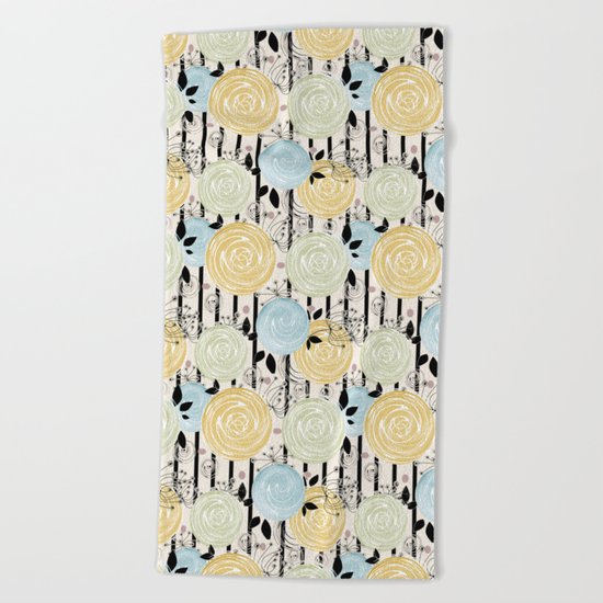 Retro . Abstract floral pattern on a striped background . Beach Towel