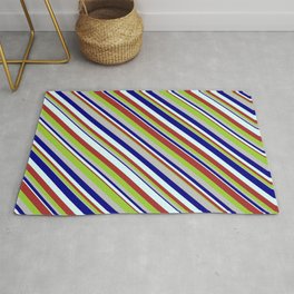 [ Thumbnail: Blue, Light Cyan, Brown, Green, and Grey Colored Striped Pattern Rug ]