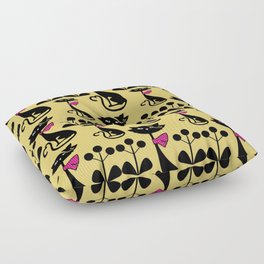 Mid century Atomic Black Cat Pattern in  Yellow Background Floor Pillow