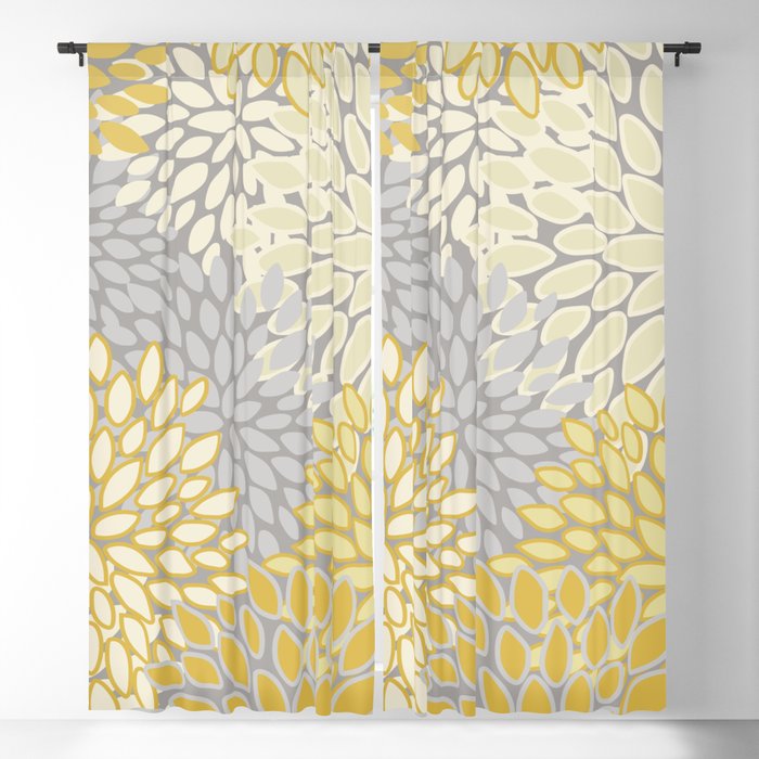 Floral Prints, Soft Yellow and Gray, Modern Print Art Blackout Curtain