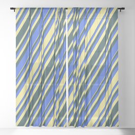 [ Thumbnail: Dark Slate Gray, Royal Blue, and Tan Colored Lined/Striped Pattern Sheer Curtain ]