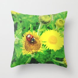 Ladybug and Yellow flowers Throw Pillow