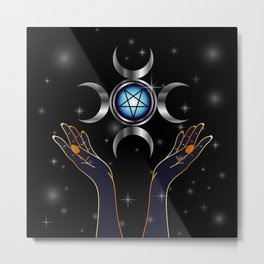 Triple Goddess pagan symbol and hands holding an inverted pentacle Metal Print