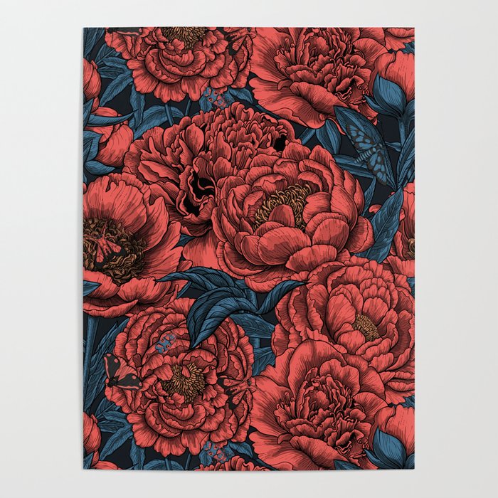 Peony flowers and moths Poster