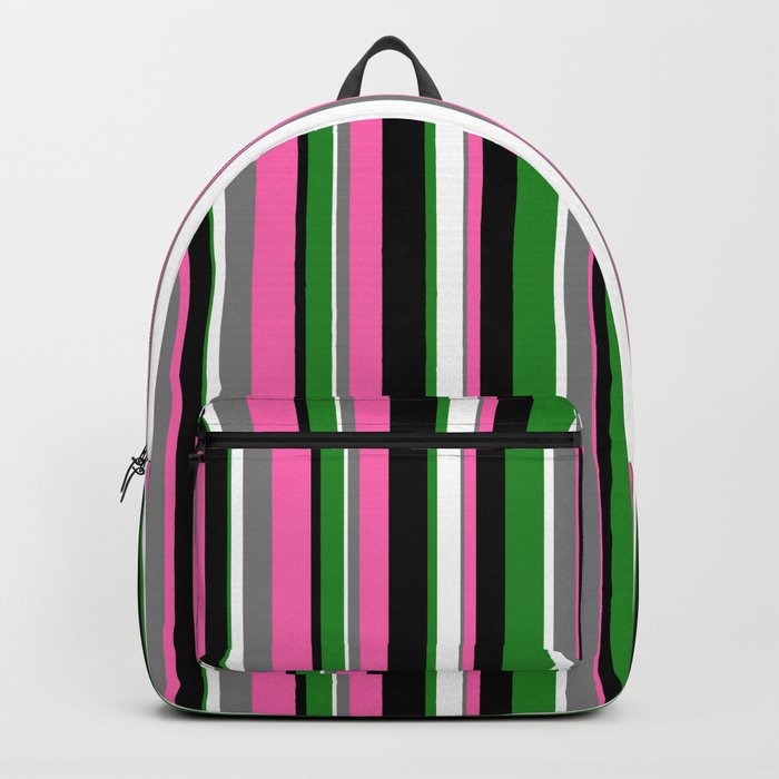 Eyecatching Black, Hot Pink, Gray, White, and Forest Green Colored Stripes/Lines Pattern Backpack