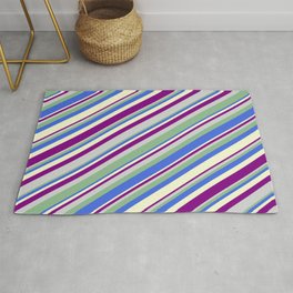 [ Thumbnail: Colorful Light Grey, Dark Sea Green, Royal Blue, Light Yellow & Purple Colored Lined/Striped Pattern Rug ]