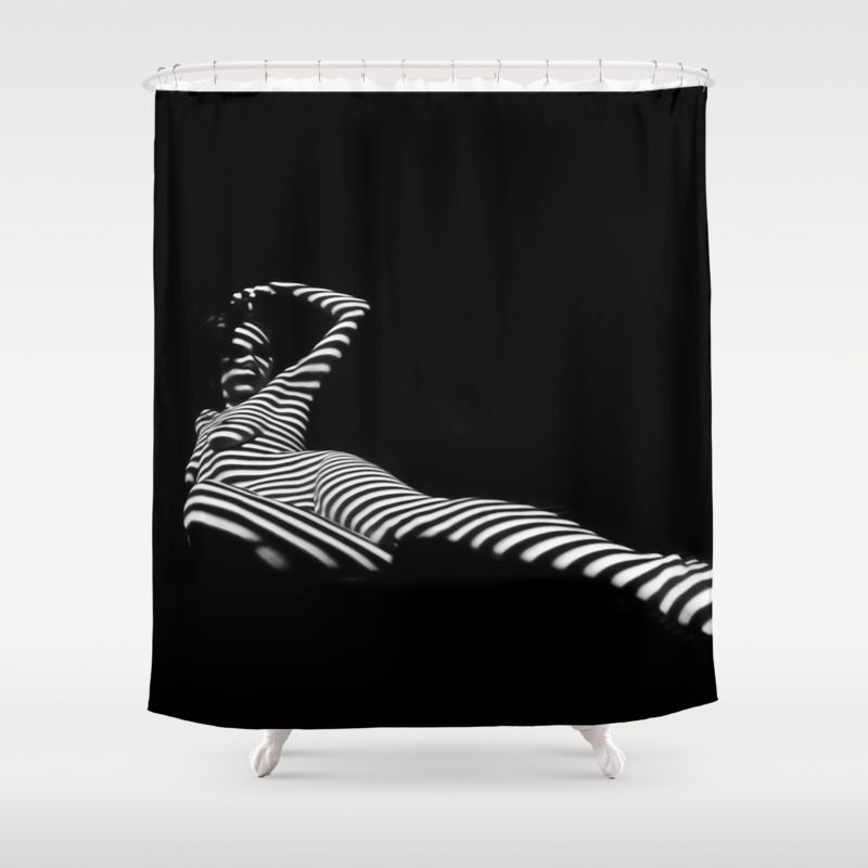 6944 Kma Black White Striped Nude Woman Leg Out Shower Curtain By