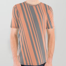 [ Thumbnail: Grey and Light Salmon Colored Lined Pattern All Over Graphic Tee ]