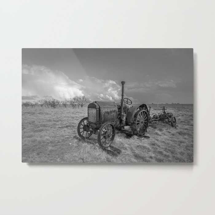 Rustic Tractor - Old Tractor in Black and White Metal Print