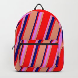 [ Thumbnail: Dark Salmon, Blue, Red, and Violet Colored Lines Pattern Backpack ]