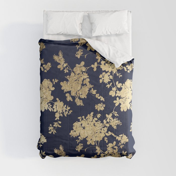 Elegant vintage navy blue faux gold flowers Comforter