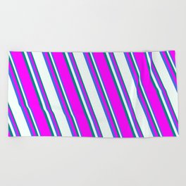 [ Thumbnail: Royal Blue, Mint Cream, Teal, and Fuchsia Colored Lined Pattern Beach Towel ]