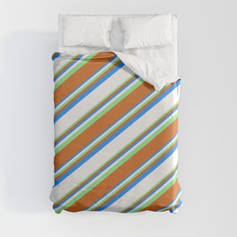 [ Thumbnail: Blue, White, Light Green, and Chocolate Colored Lined Pattern Duvet Cover ]