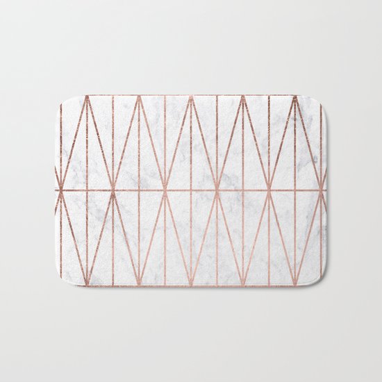 Modern geometric triangles faux rose gold pattern on white marble Bath Mat