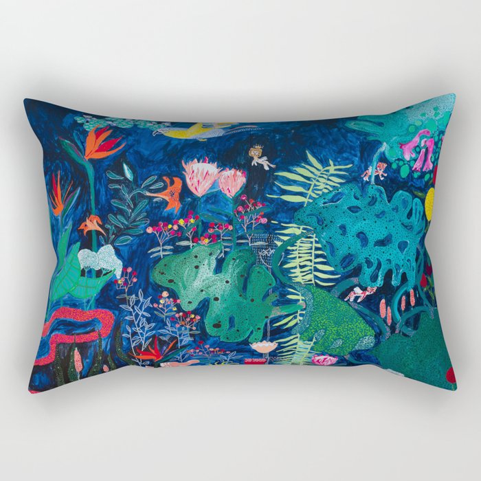 Brightly Rainbow Tropical Jungle Mural with Birds and Tiny Big Cats Rectangular Pillow
