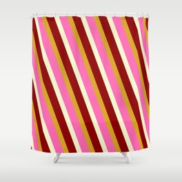[ Thumbnail: Hot Pink, Light Yellow, Dark Red, and Goldenrod Colored Stripes Pattern Shower Curtain ]
